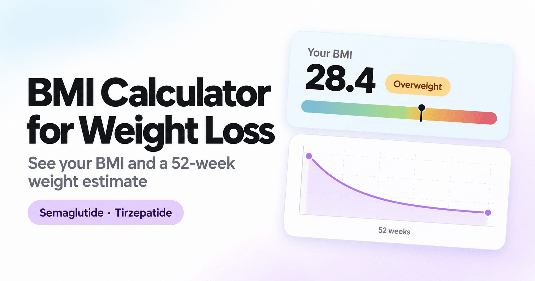 BMI calculator showing an overweight result and a 52-week weight loss projection.