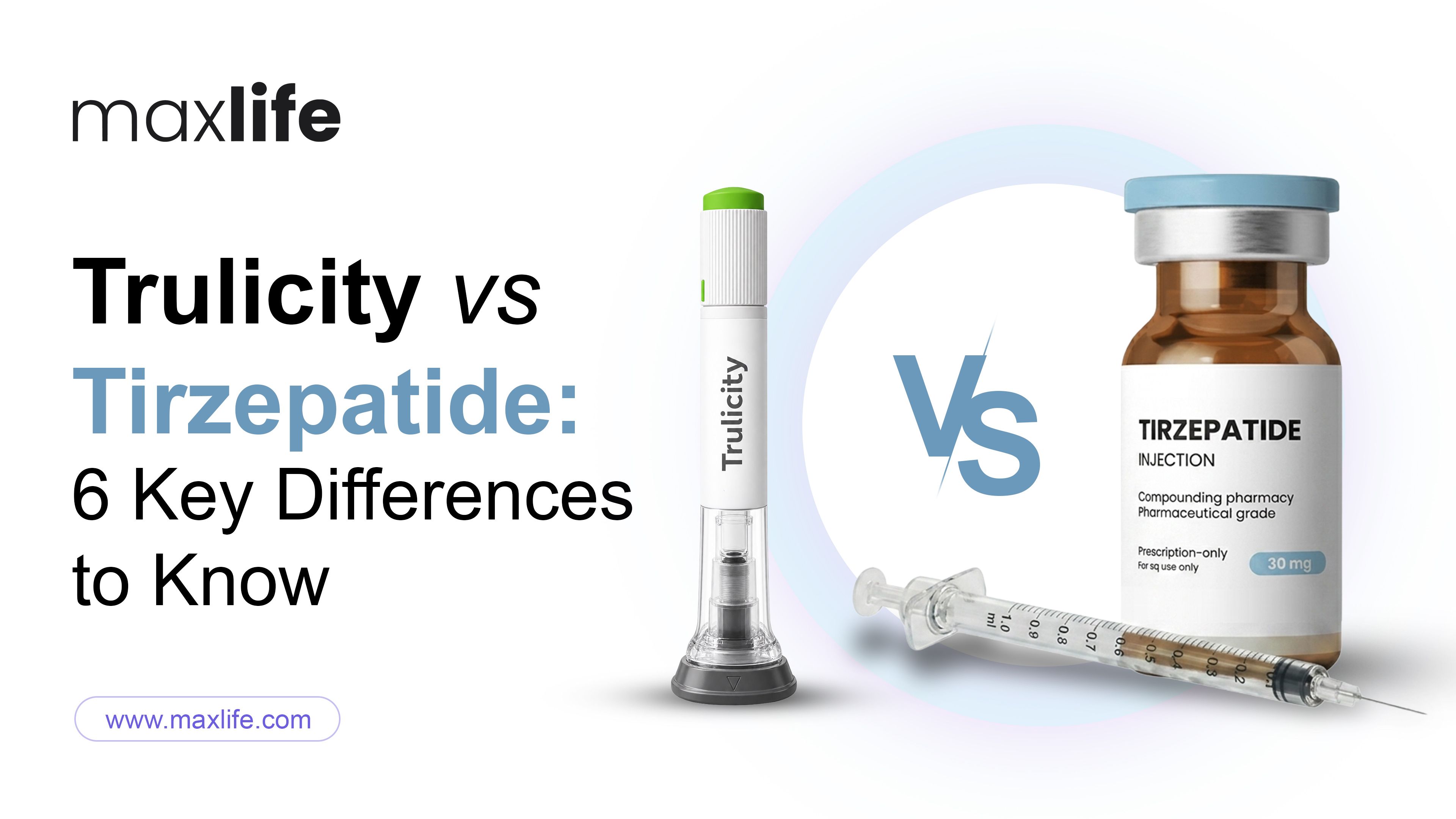 Comparison graphic showing Trulicity pen and Tirzepatide vial with syringe, highlighting key differences.