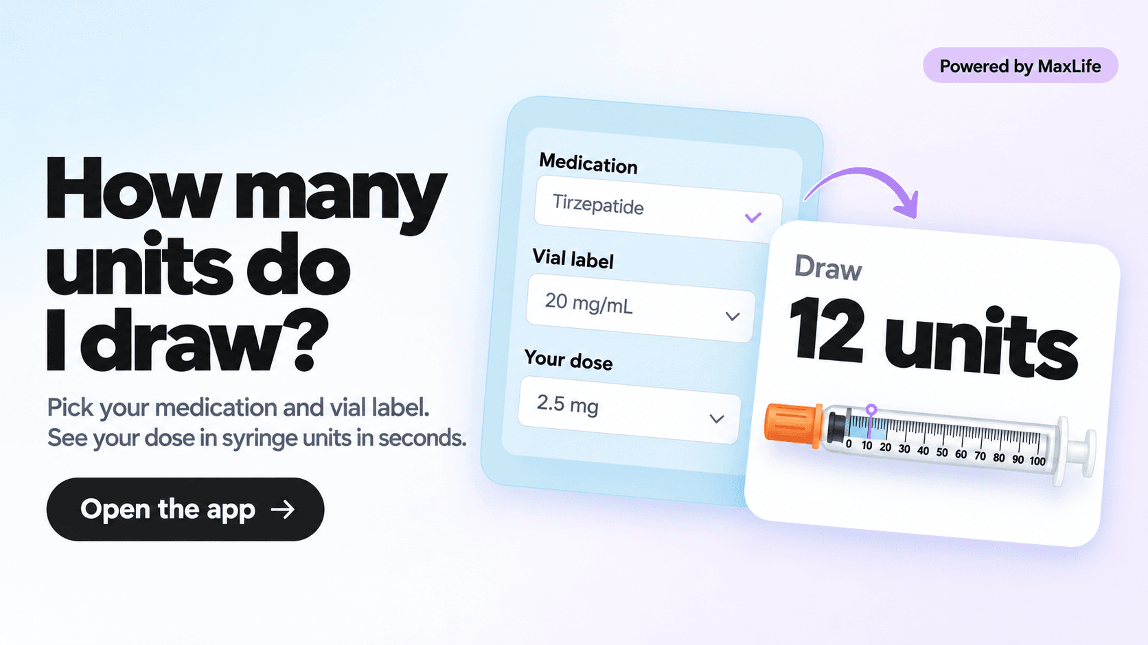 App interface displays calculated medication units for syringe dosage based on inputs.