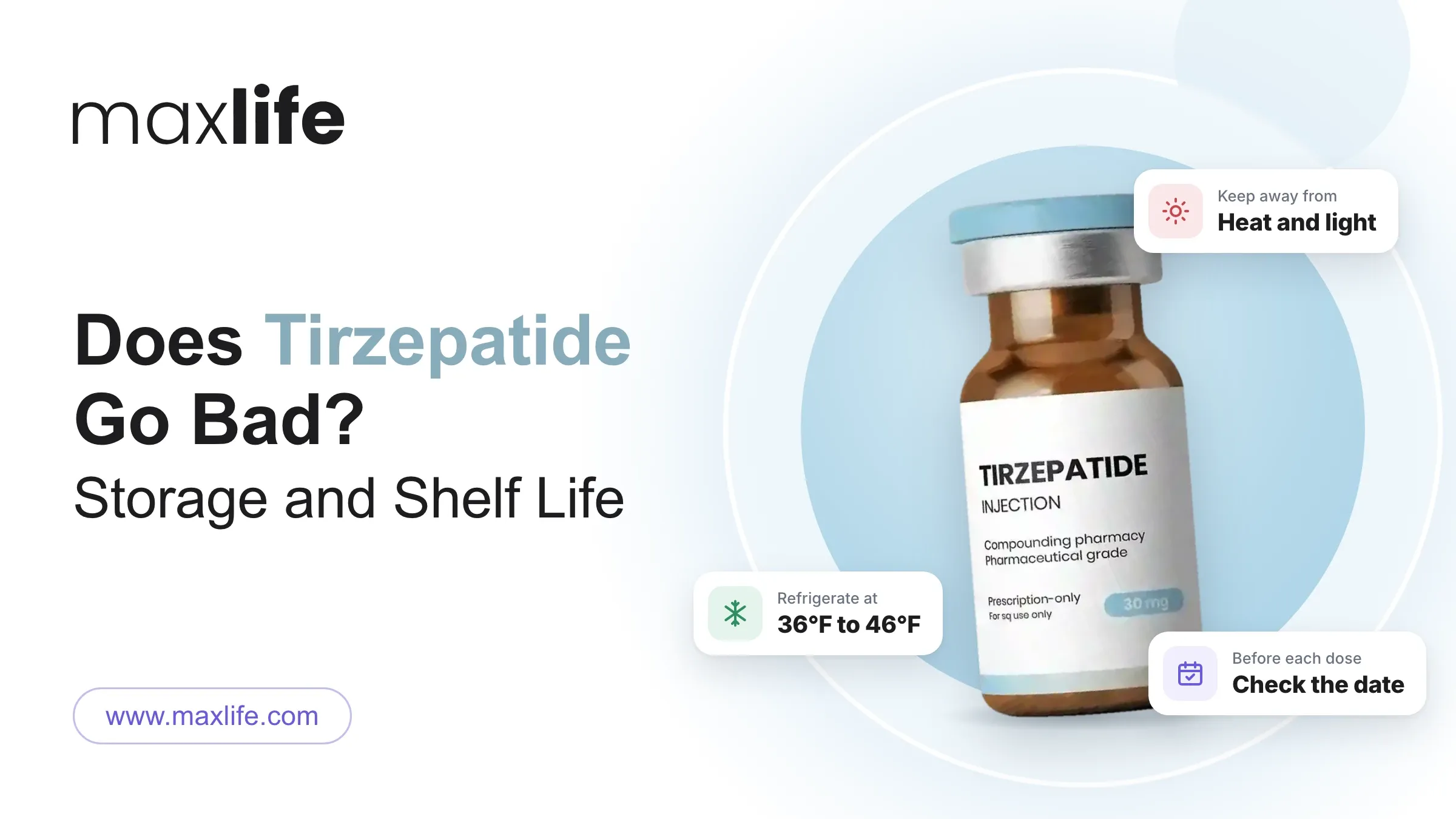 Maxlife graphic explaining Tirzepatide storage and shelf life with a medication vial.