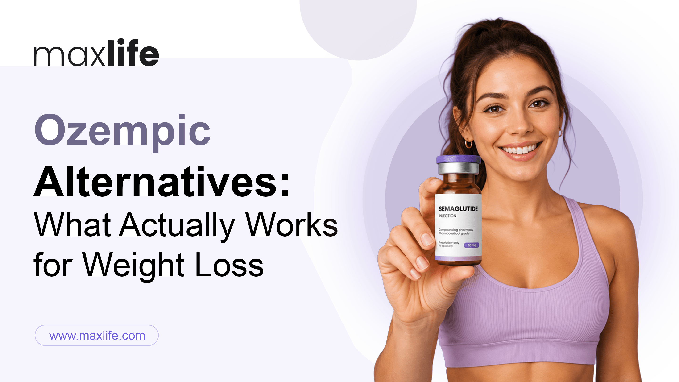 A smiling woman in a sports bra holds a Maxlife Diet Support bottle, promoting weight loss alternatives.