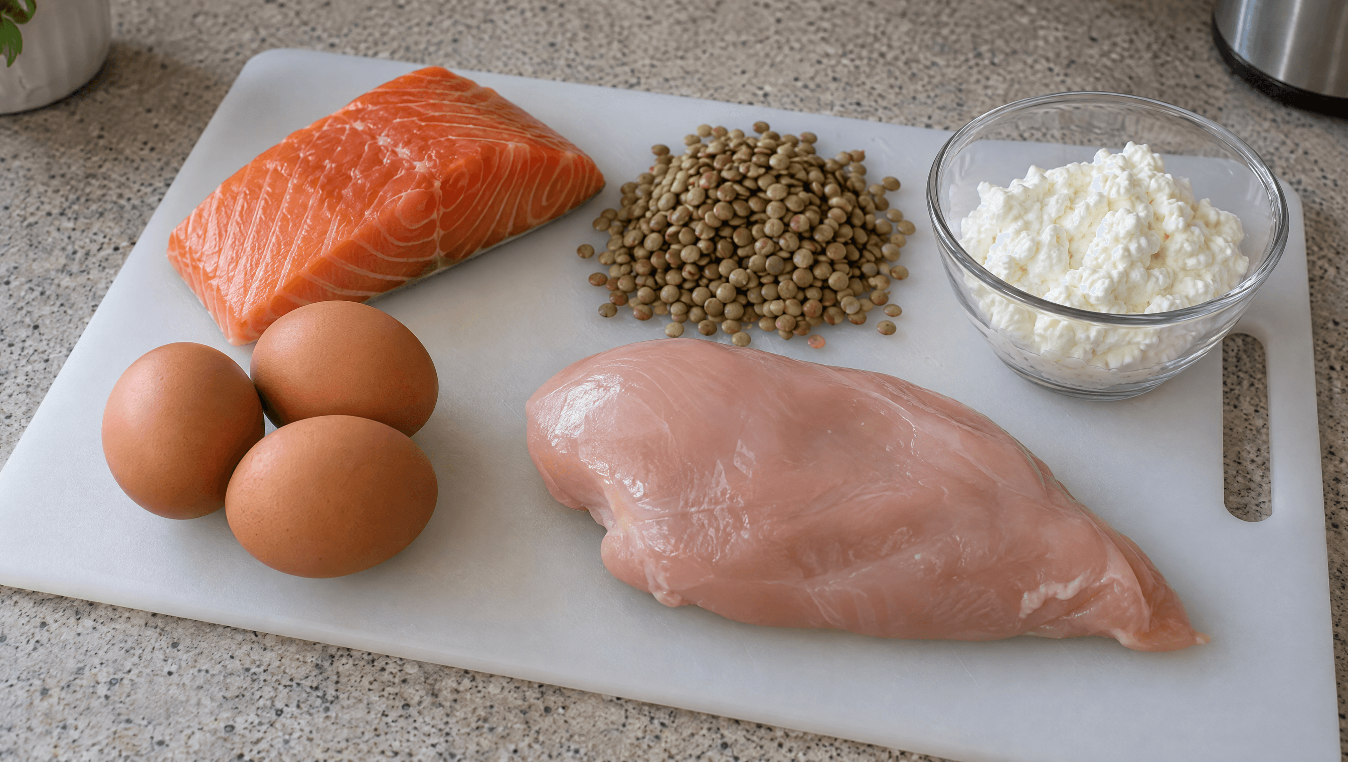 Various high-protein foods including raw salmon, chicken breast, eggs, cottage cheese, and lentils.