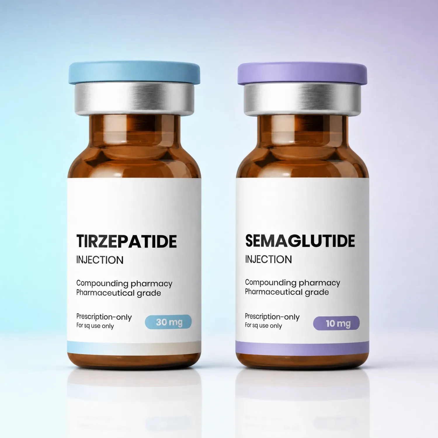 Two pharmaceutical vials, Tirzepatide with a blue cap and Semaglutide with a purple cap.